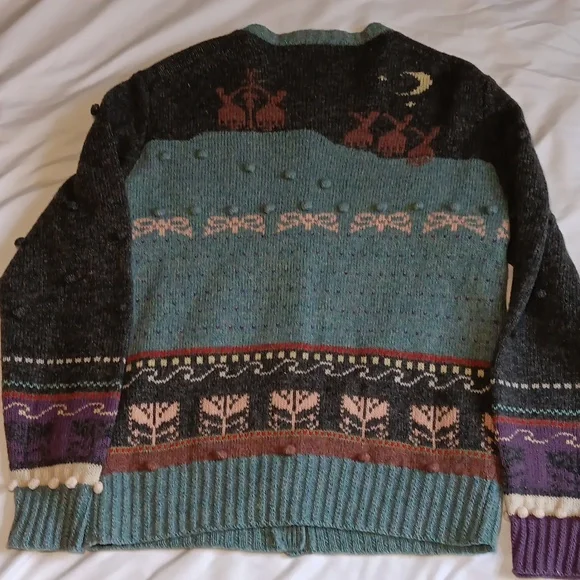 Vintage Womens 100% Scottish Shetland Wool Cottage Core Floral Bow Cardigan - Picture 8 of 8